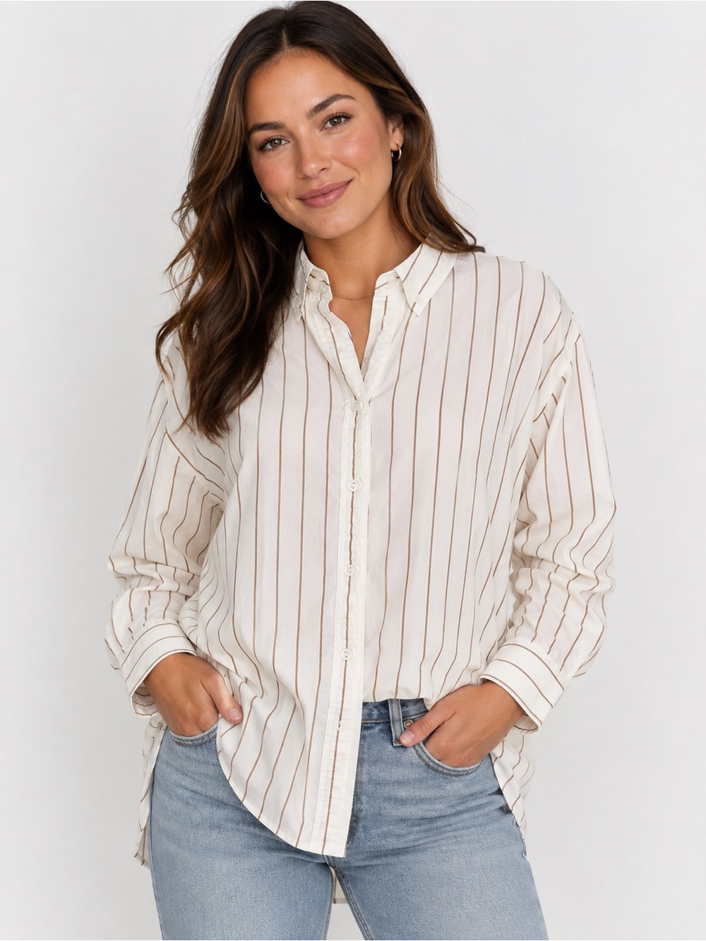 Vintage J. Crew White Button-Down Shirt with Brown Pinstripes - Picture 1 of 7